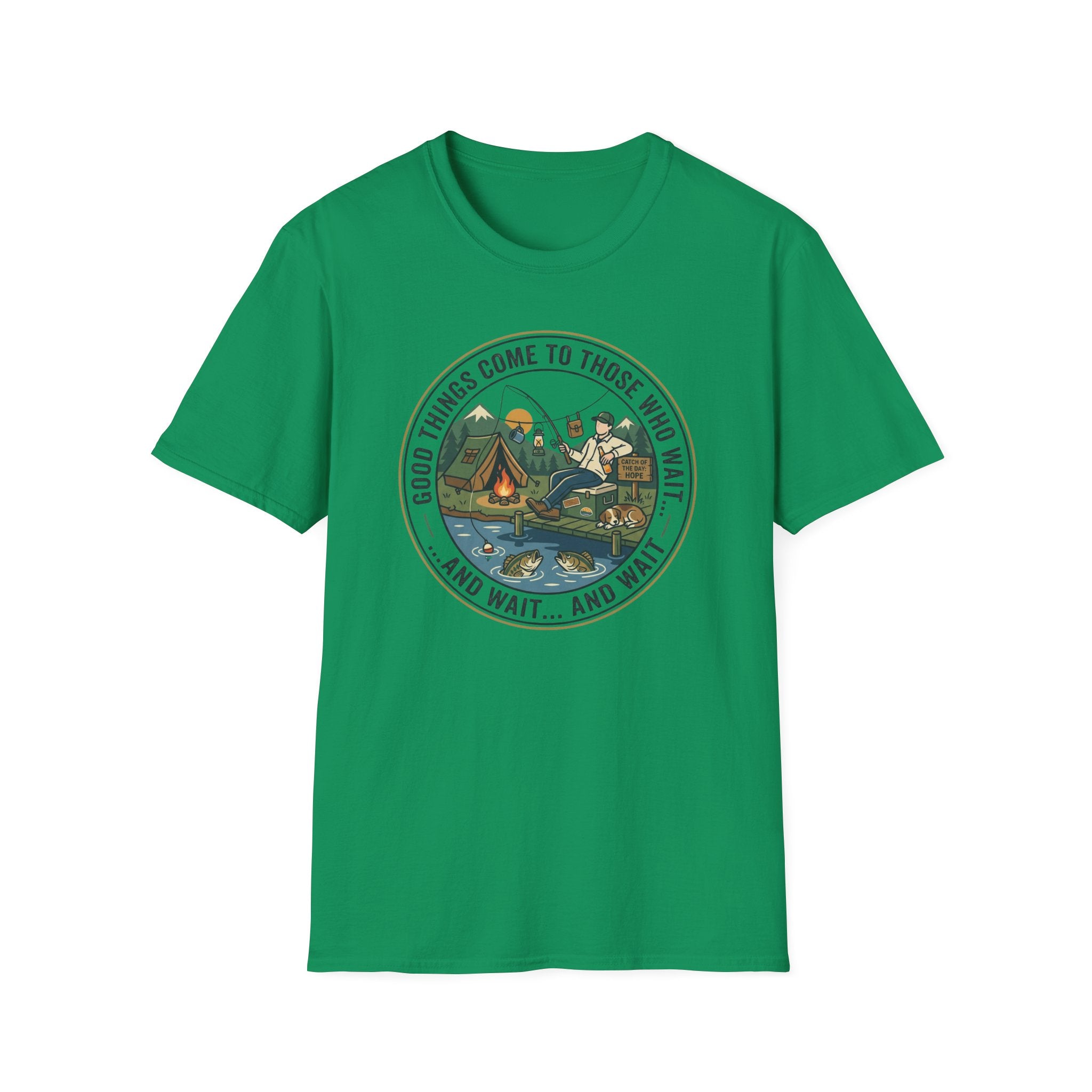 Camping Scene T-Shirt | Vintage Tent Lake Illustration, 'Good Things Come to Those Who Wait'
