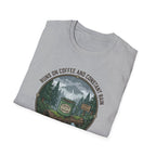 Cozy Camping Coffee Scene T-Shirt | Mountain Mug, Rainy Forest Illustration