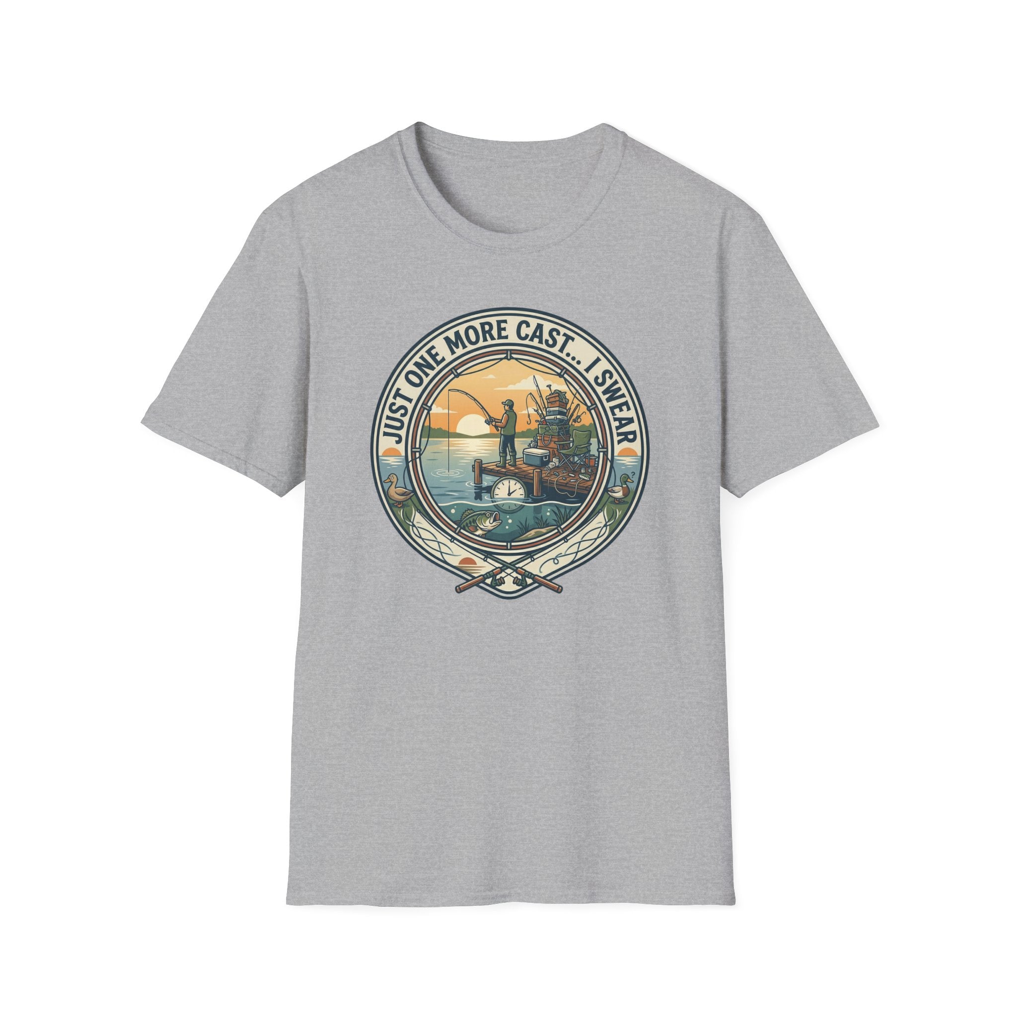 Just One More Cast Fishing T-Shirt | Retro Sunset Angler Design