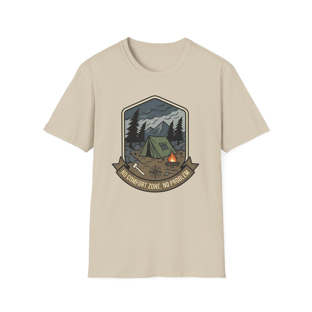 Camping Badge tent and campfire graphic T-Shirt | outdoors hiking adventure emblem