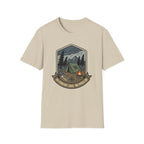 Camping Badge tent and campfire graphic T-Shirt | outdoors hiking adventure emblem