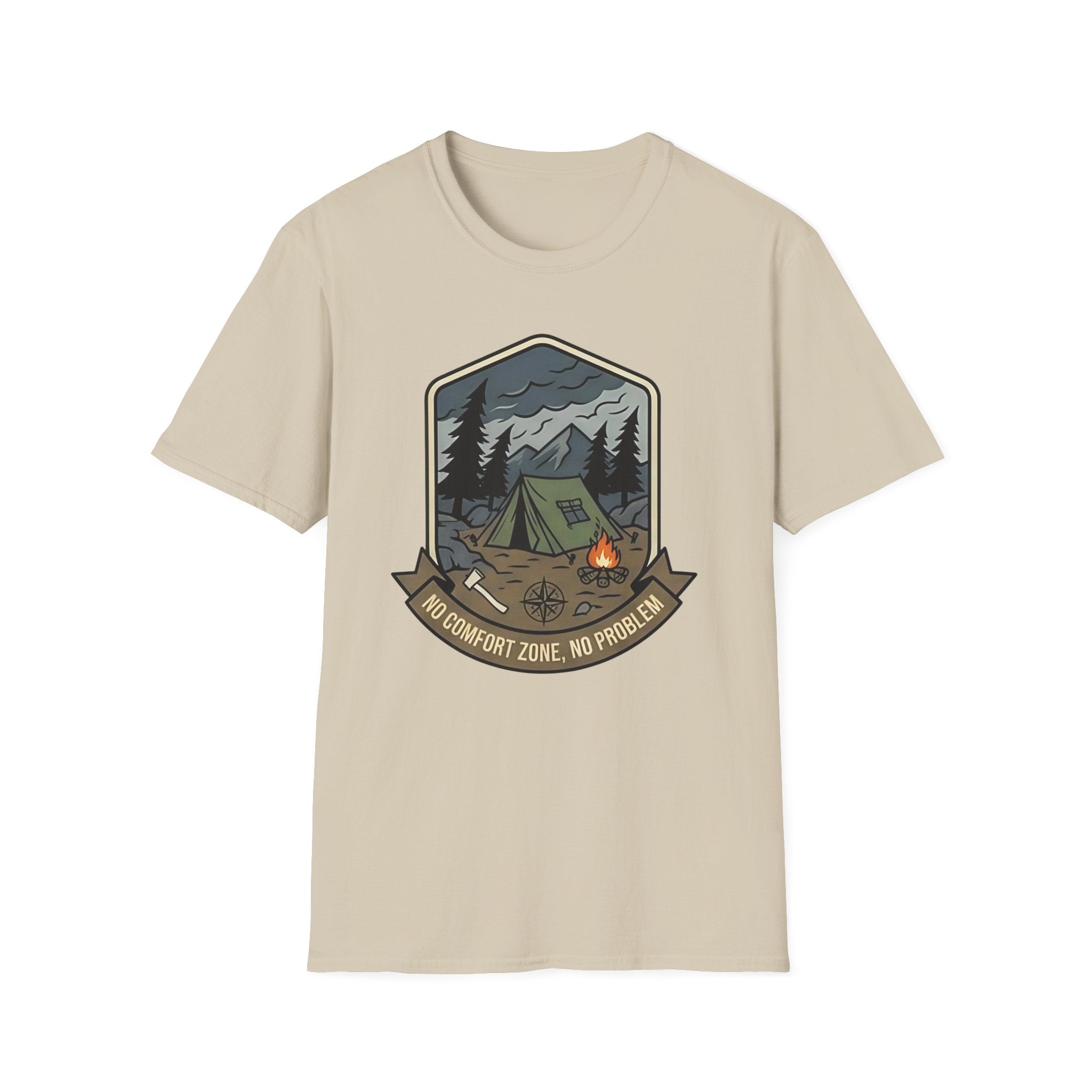 Camping Badge tent and campfire graphic T-Shirt | outdoors hiking adventure emblem