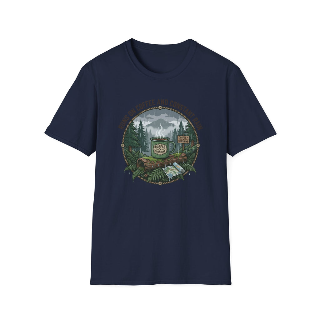 Cozy Camping Coffee Scene T-Shirt | Mountain Mug, Rainy Forest Illustration