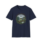 Cozy Camping Coffee Scene T-Shirt | Mountain Mug, Rainy Forest Illustration