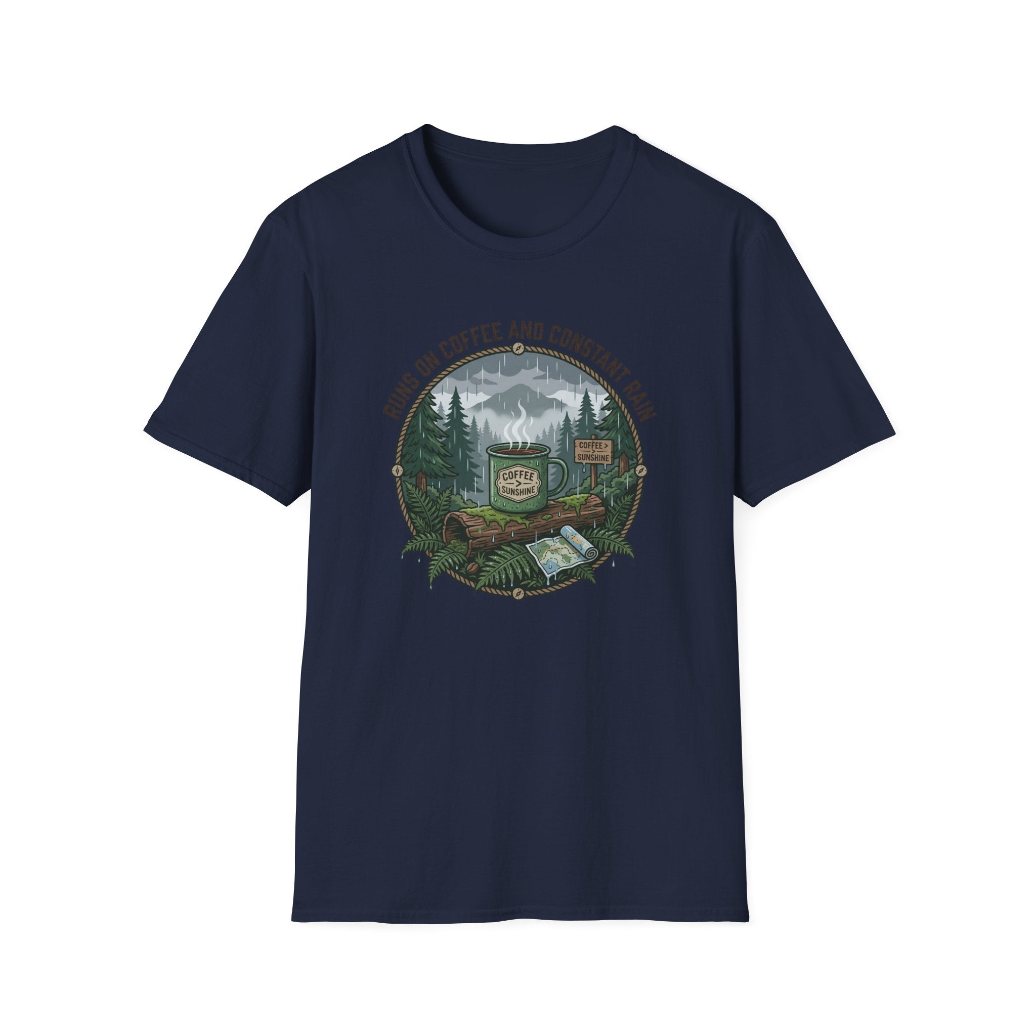 Cozy Camping Coffee Scene T-Shirt | Mountain Mug, Rainy Forest Illustration