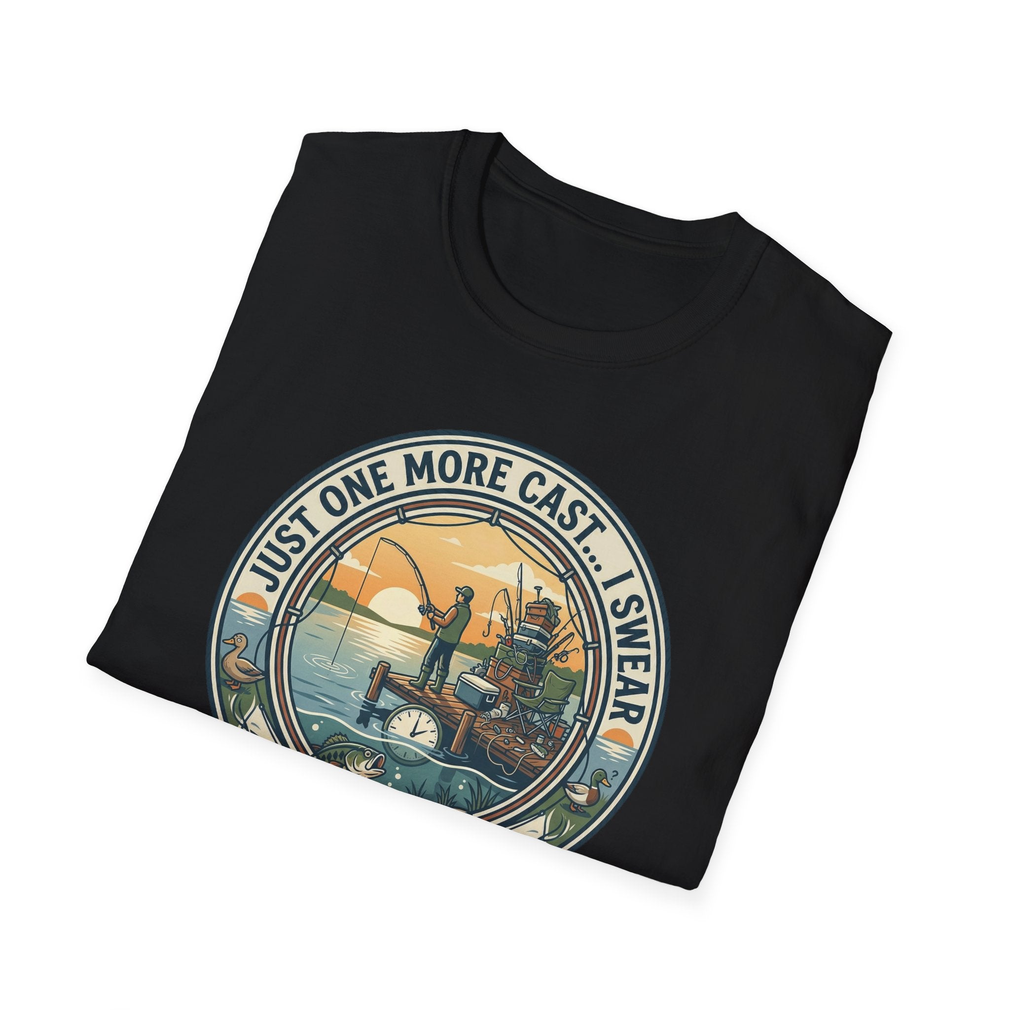 Just One More Cast Fishing T-Shirt | Retro Sunset Angler Design