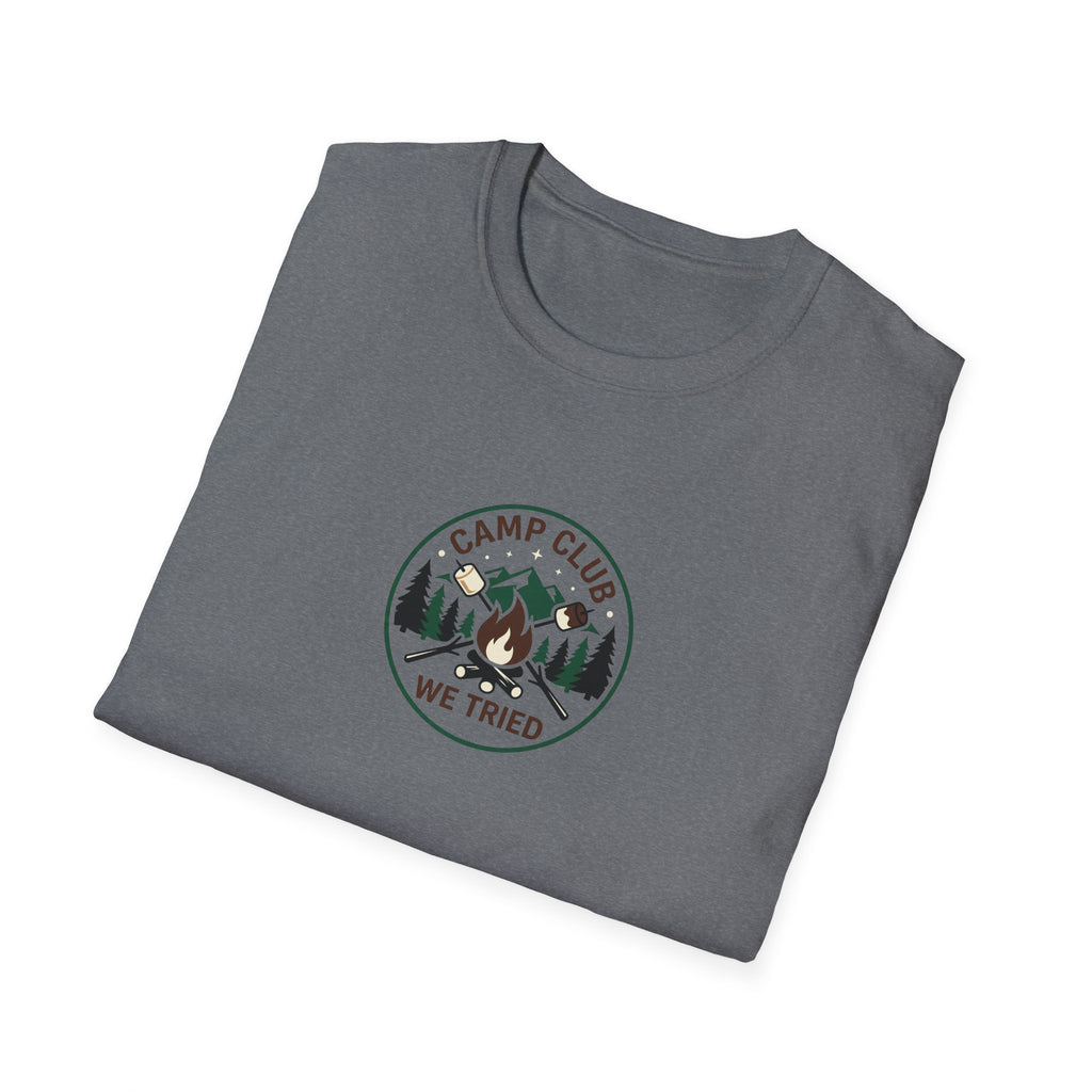 Camp Club We Tried T-Shirt | Camping Badge, Mountains & Pine Trees