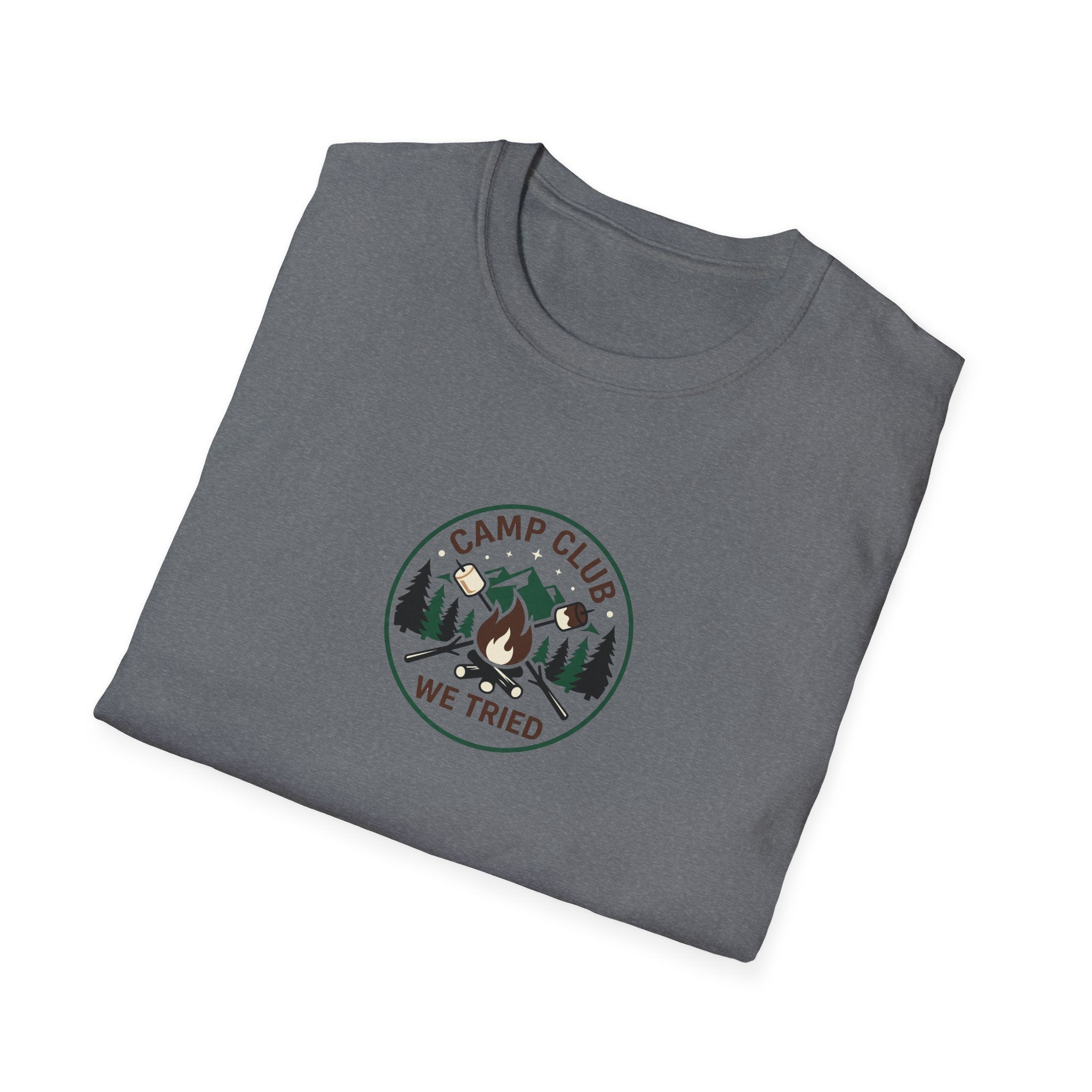 Camp Club We Tried T-Shirt | Camping Badge, Mountains & Pine Trees