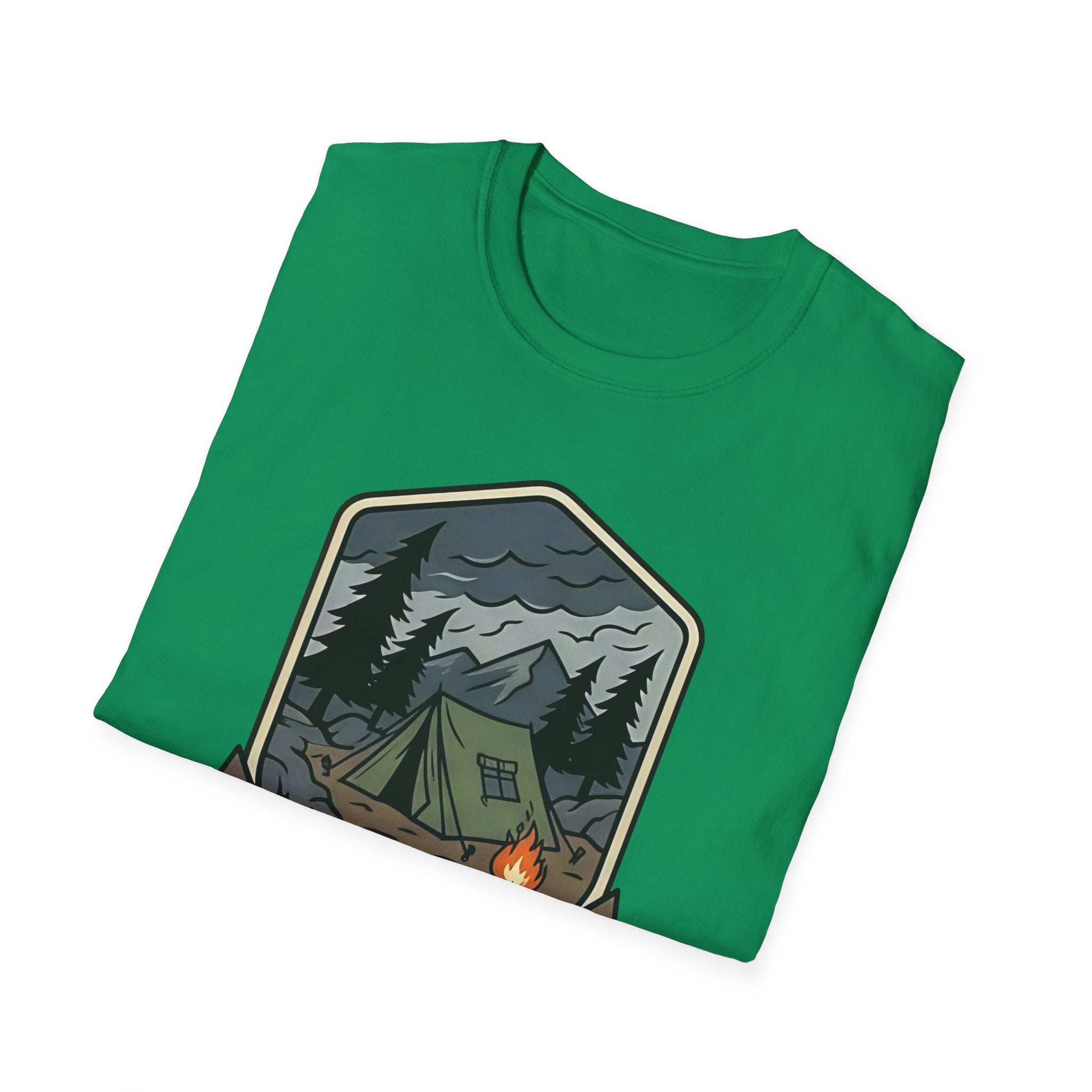 Camping Badge tent and campfire graphic T-Shirt | outdoors hiking adventure emblem