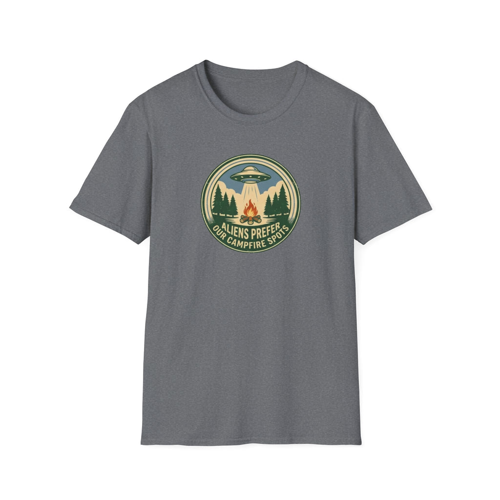Aliens Prefer Our Campfire Spots T-Shirt | UFO Camping Badge Graphic
