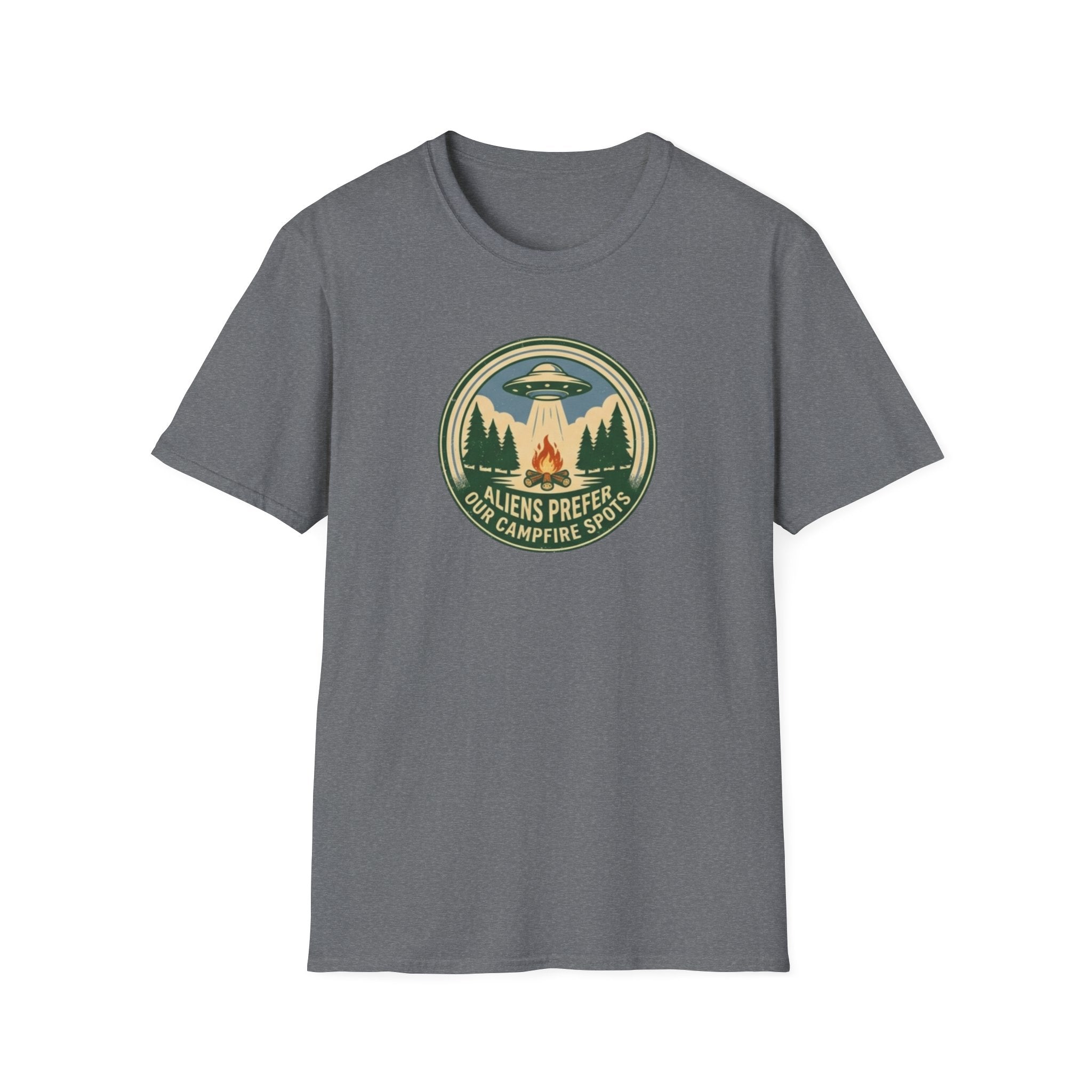 Aliens Prefer Our Campfire Spots T-Shirt | UFO Camping Badge Graphic