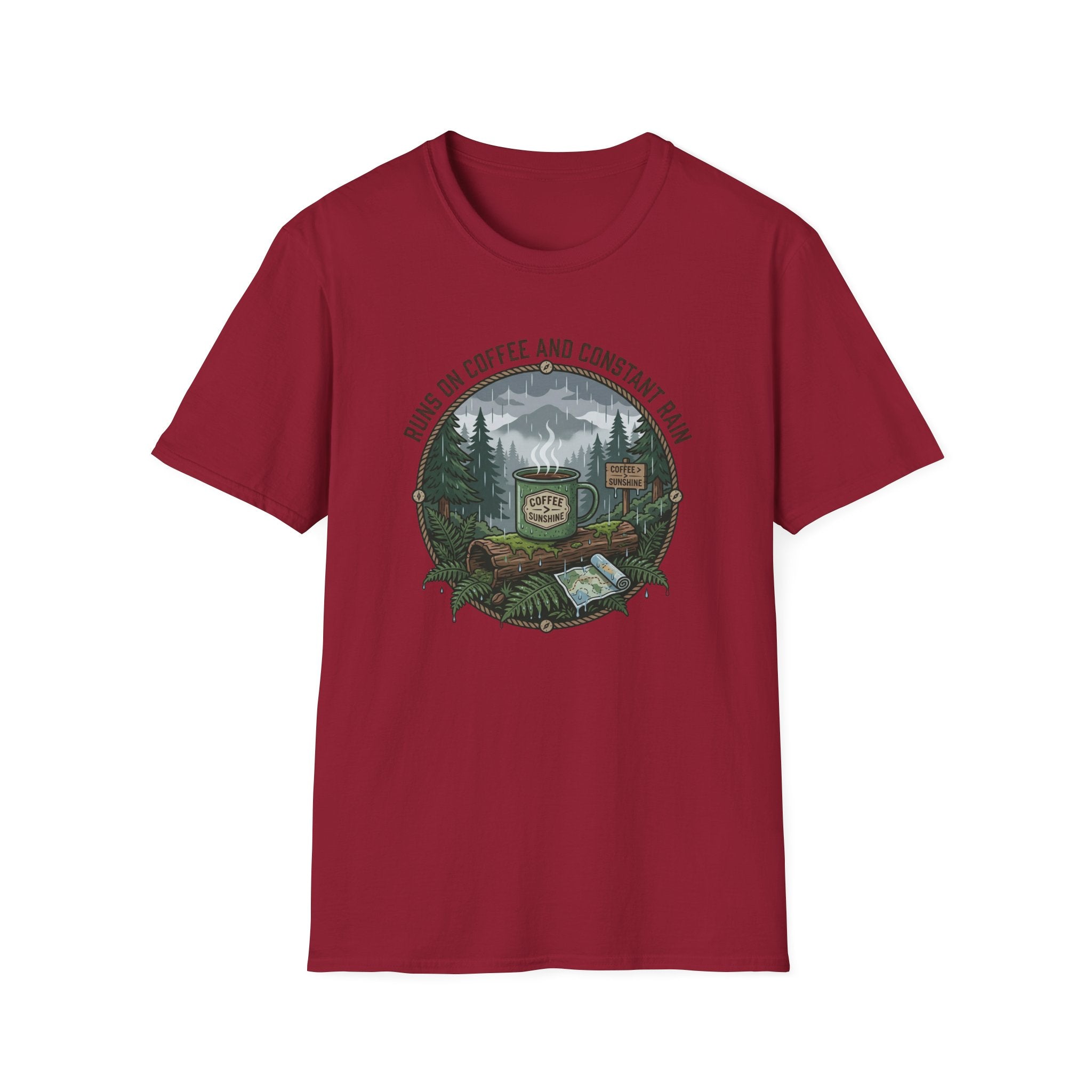 Cozy Camping Coffee Scene T-Shirt | Mountain Mug, Rainy Forest Illustration