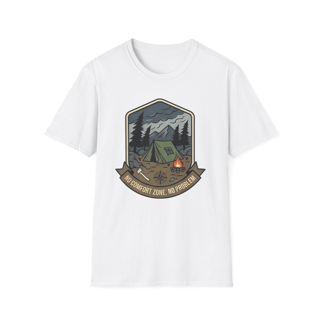 Camping Badge tent and campfire graphic T-Shirt | outdoors hiking adventure emblem