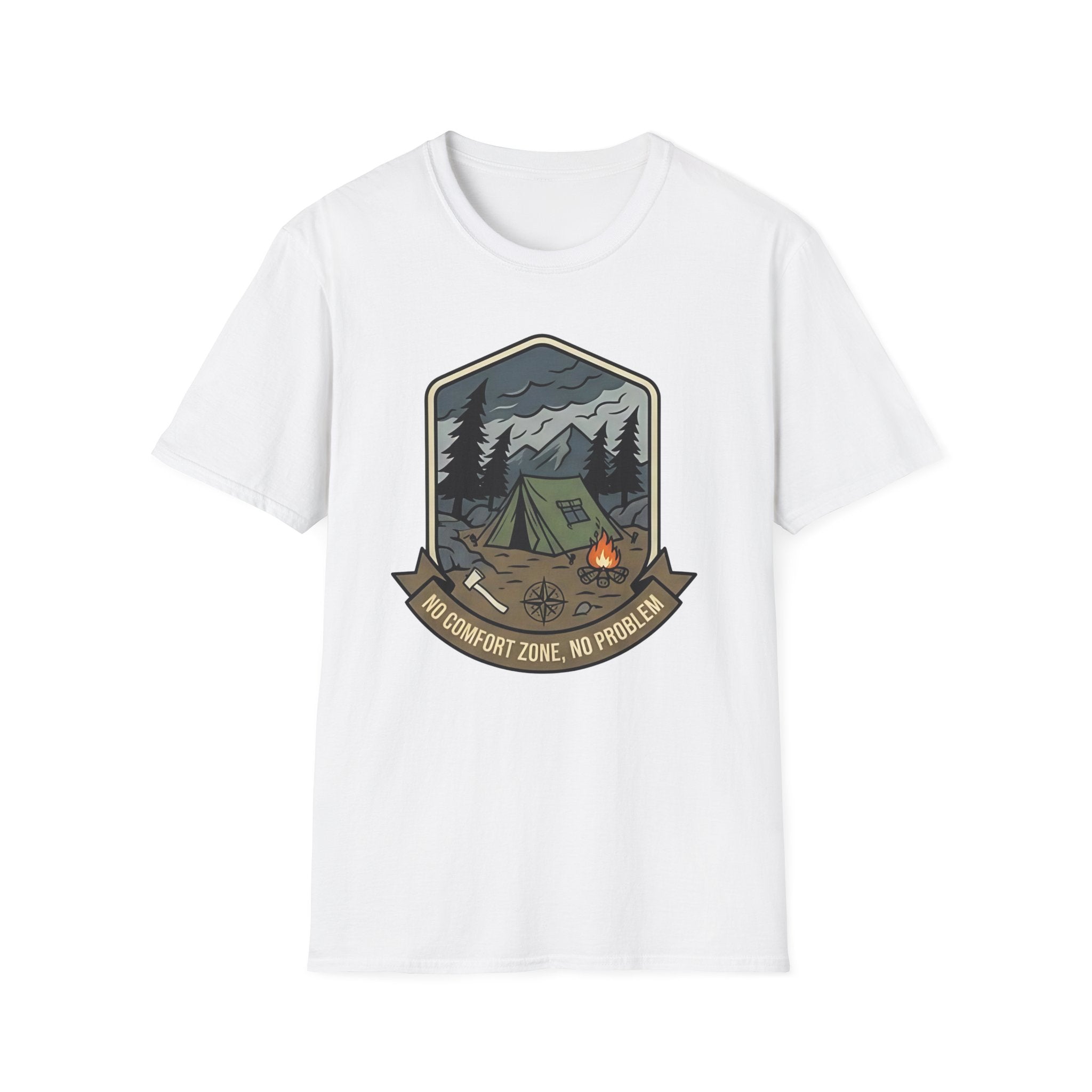 Camping Badge tent and campfire graphic T-Shirt | outdoors hiking adventure emblem