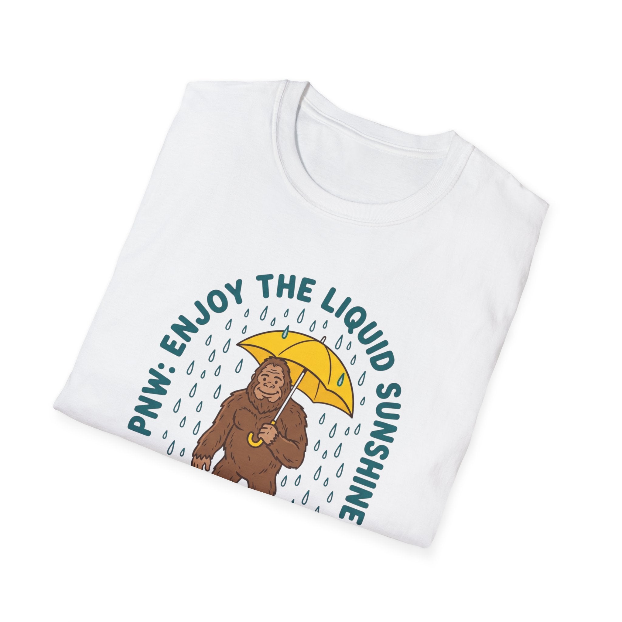 PNW Enjoy the Liquid Sunshine Bigfoot T-Shirt | Rain Umbrella Illustration