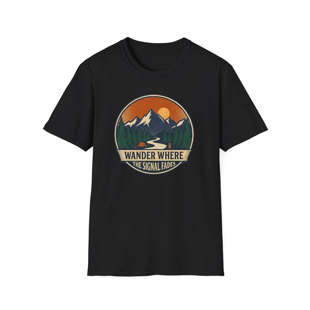 Wander Where The Signal Fades T-Shirt | Mountain Sunset Camping Design