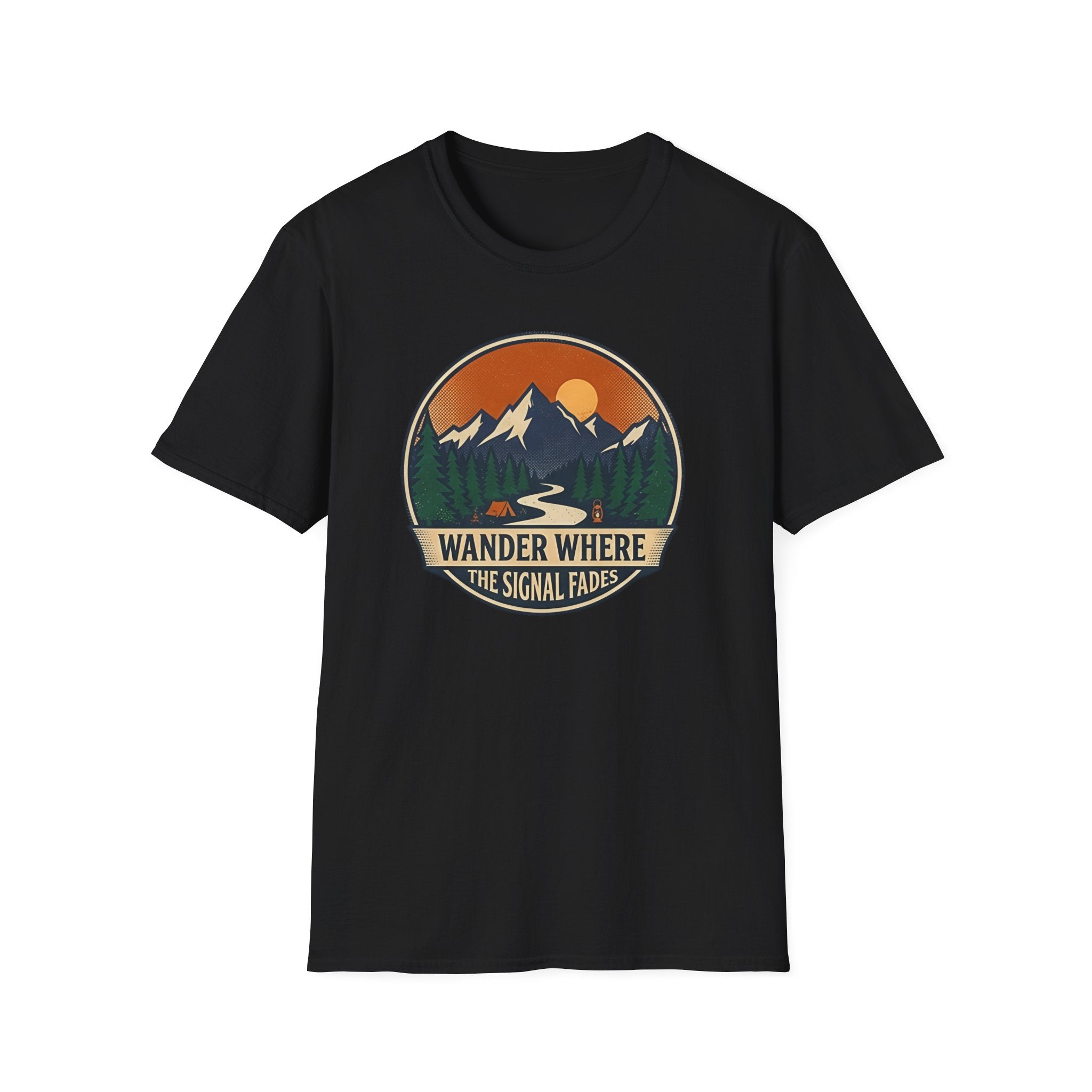 Wander Where The Signal Fades T-Shirt | Mountain Sunset Camping Design