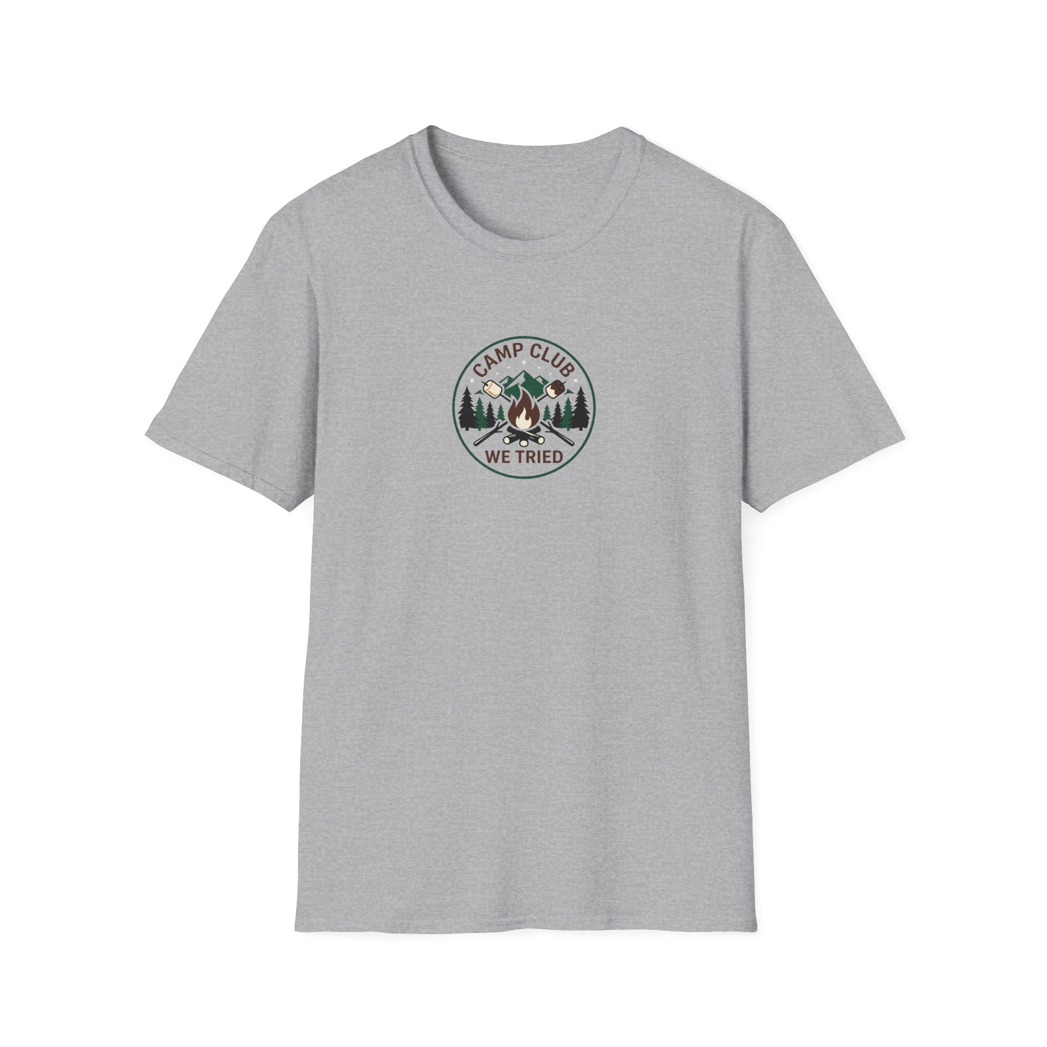 Camp Club We Tried T-Shirt | Camping Badge, Mountains & Pine Trees