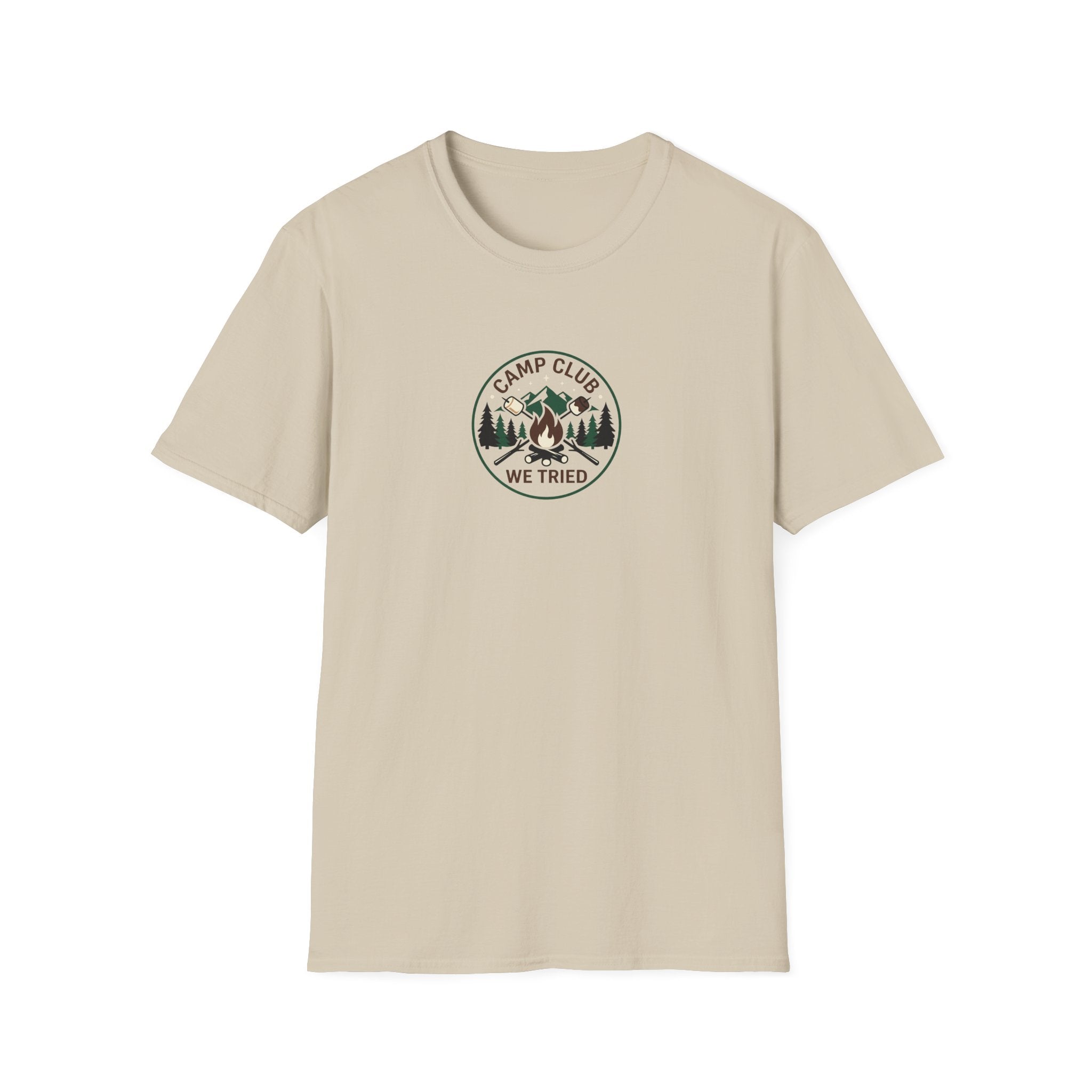 Camp Club We Tried T-Shirt | Camping Badge, Mountains & Pine Trees