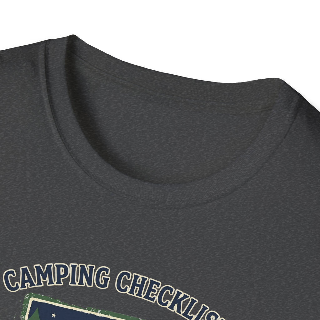 Camping Checklist Snacks T-Shirt | Camping Graphic Tee, Tent Campfire Design