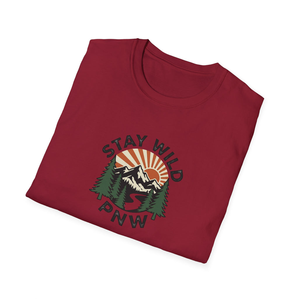 Stay Wild PNW T-Shirt | Mountain Sunset, Pine Trees, River Road