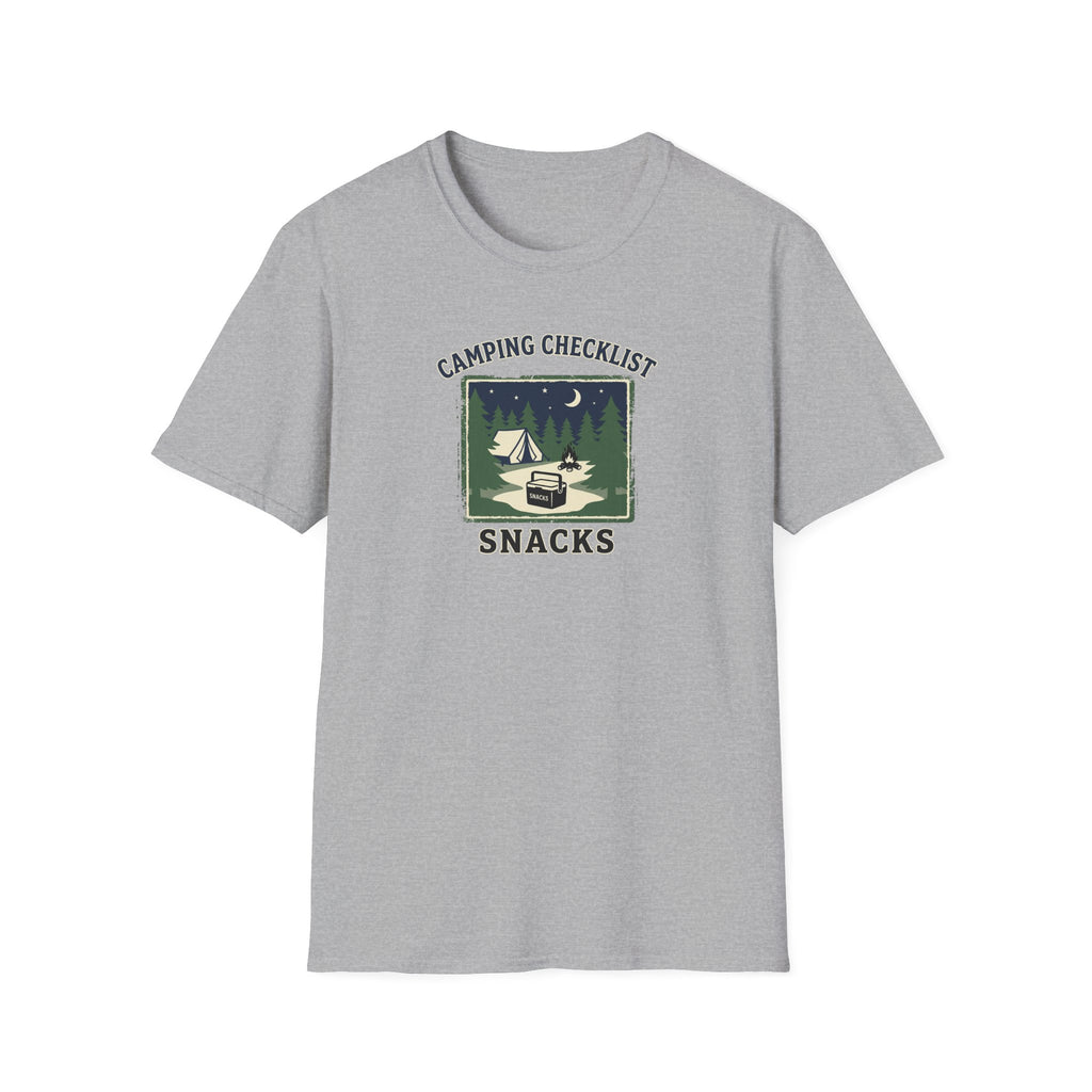 Camping Checklist Snacks T-Shirt | Camping Graphic Tee, Tent Campfire Design