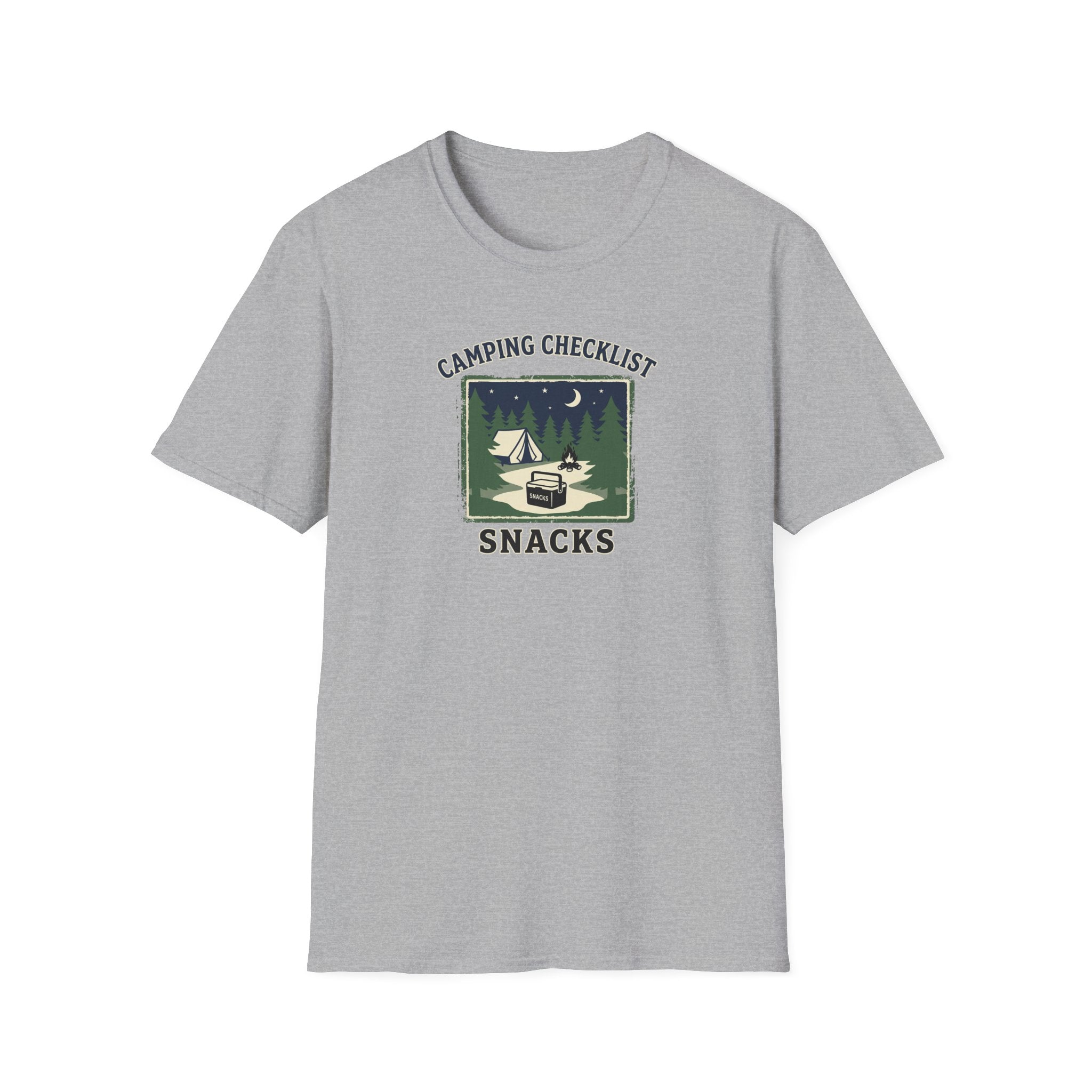 Camping Checklist Snacks T-Shirt | Camping Graphic Tee, Tent Campfire Design