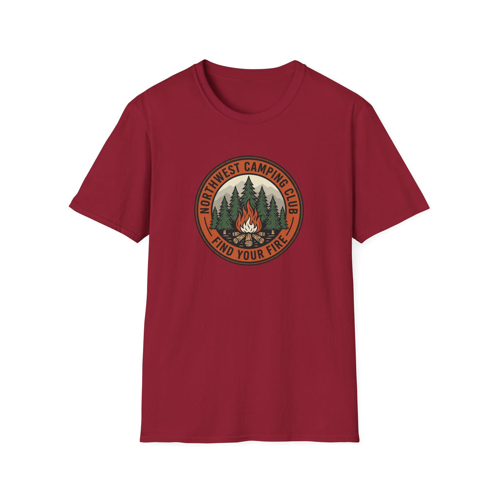Northwest Camping Club Find Your Fire T-Shirt | Campfire Trees Outdoor Badge Shirt