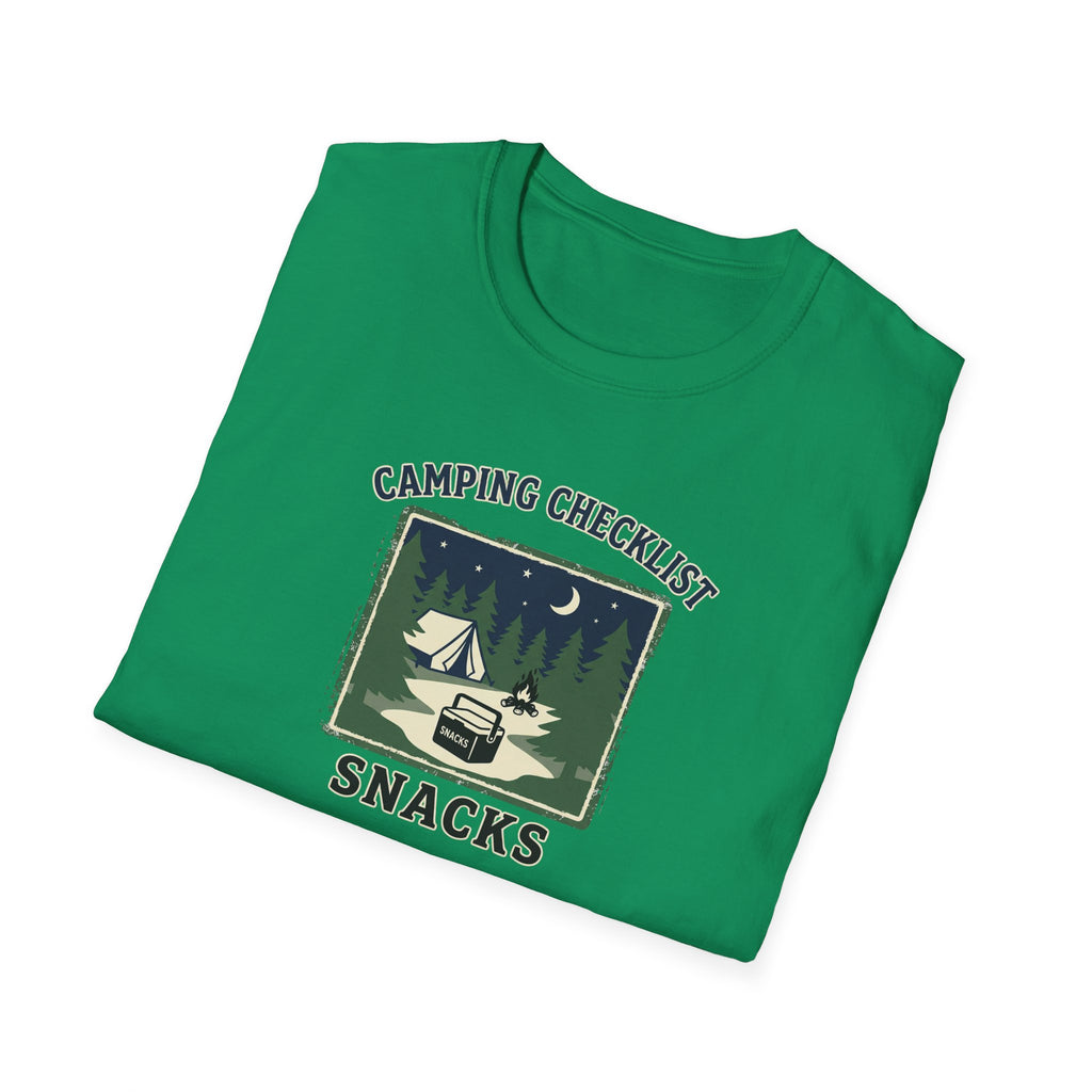 Camping Checklist Snacks T-Shirt | Camping Graphic Tee, Tent Campfire Design
