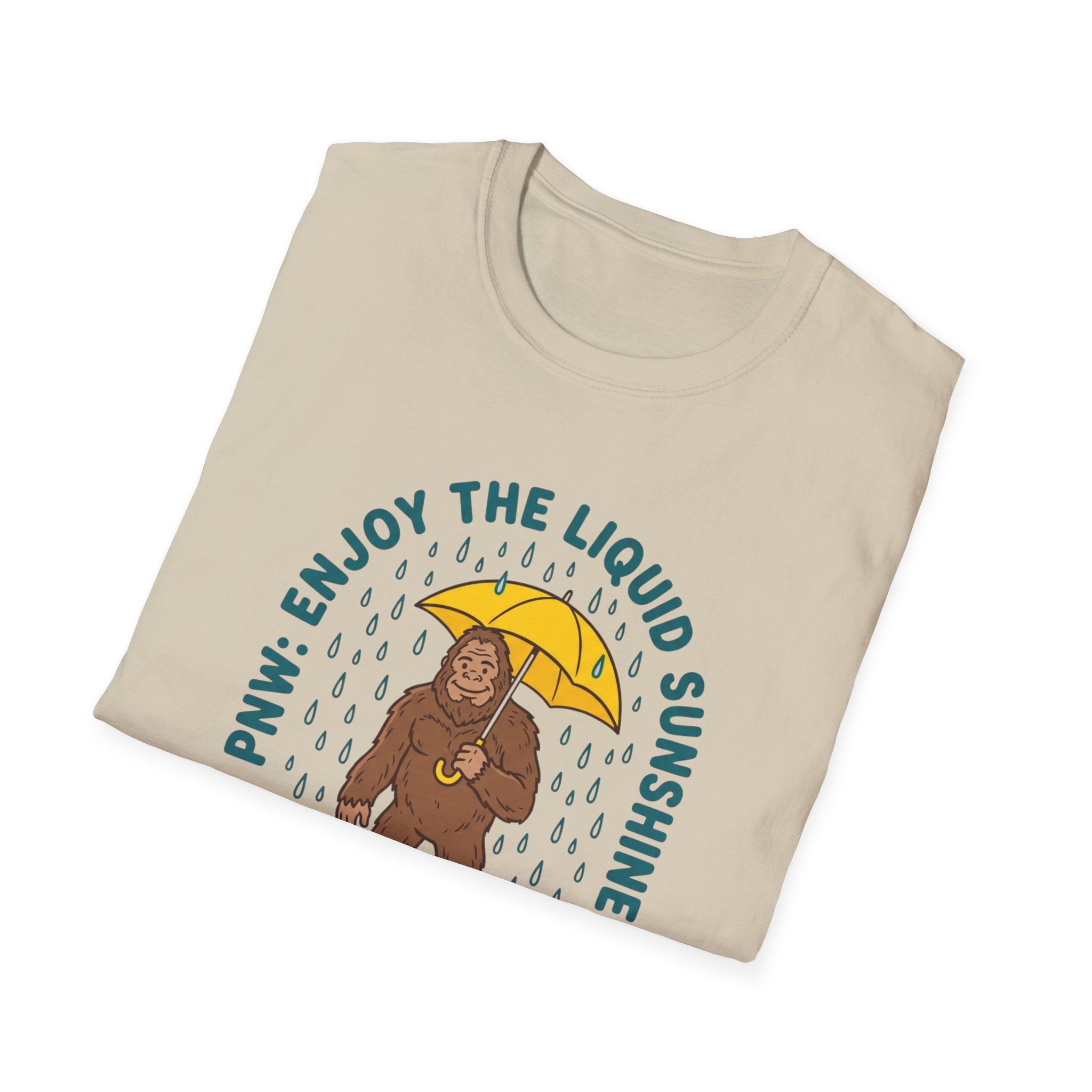 PNW Enjoy the Liquid Sunshine Bigfoot T-Shirt | Rain Umbrella Illustration