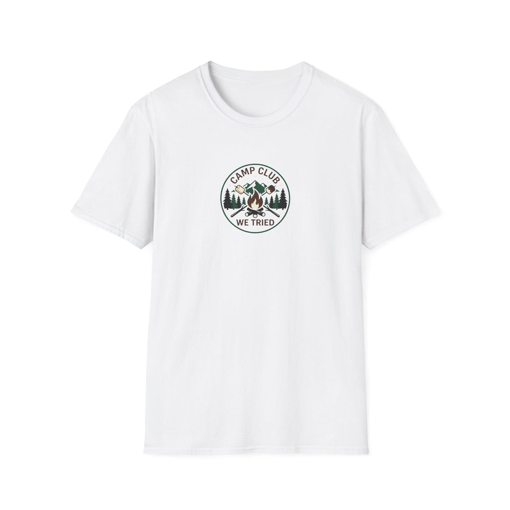 Camp Club We Tried T-Shirt | Camping Badge, Mountains & Pine Trees