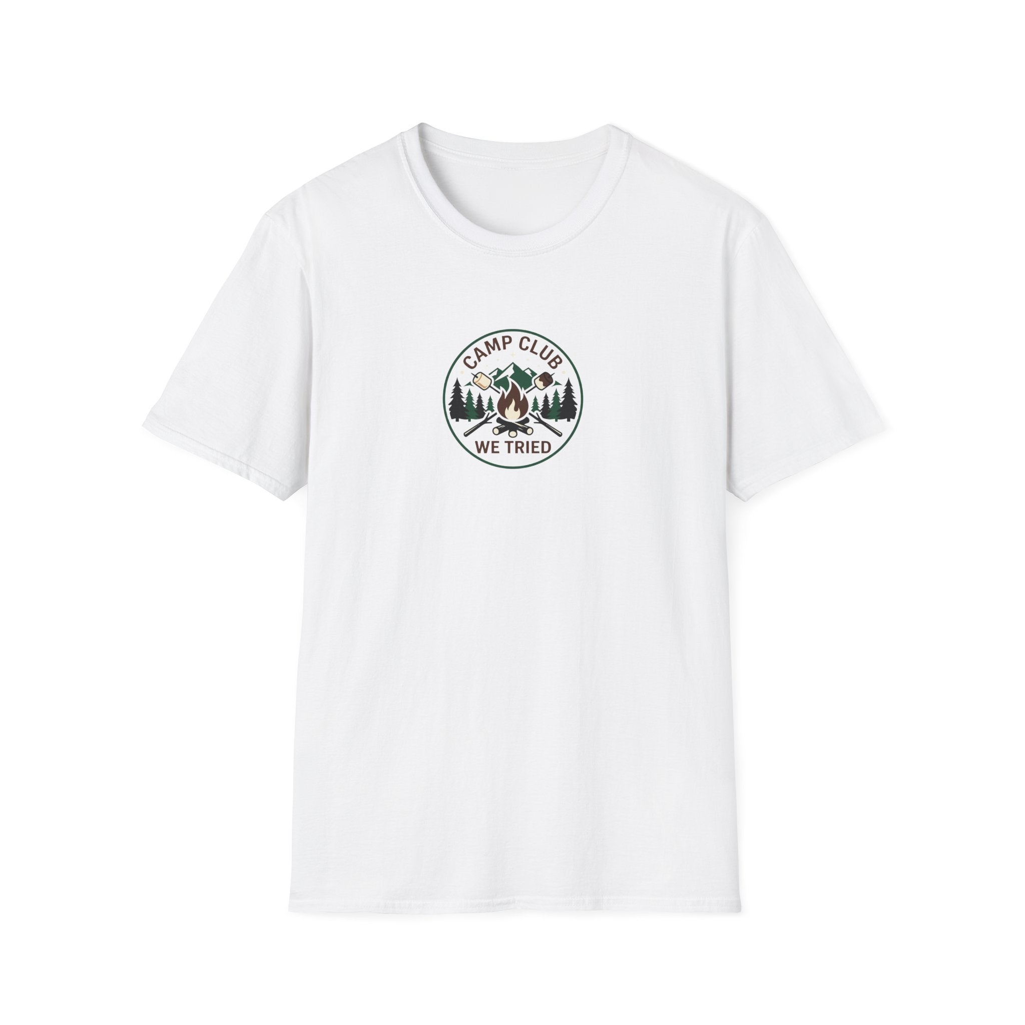 Camp Club We Tried T-Shirt | Camping Badge, Mountains & Pine Trees
