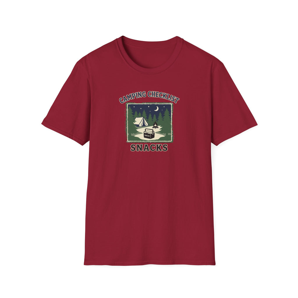 Camping Checklist Snacks T-Shirt | Camping Graphic Tee, Tent Campfire Design