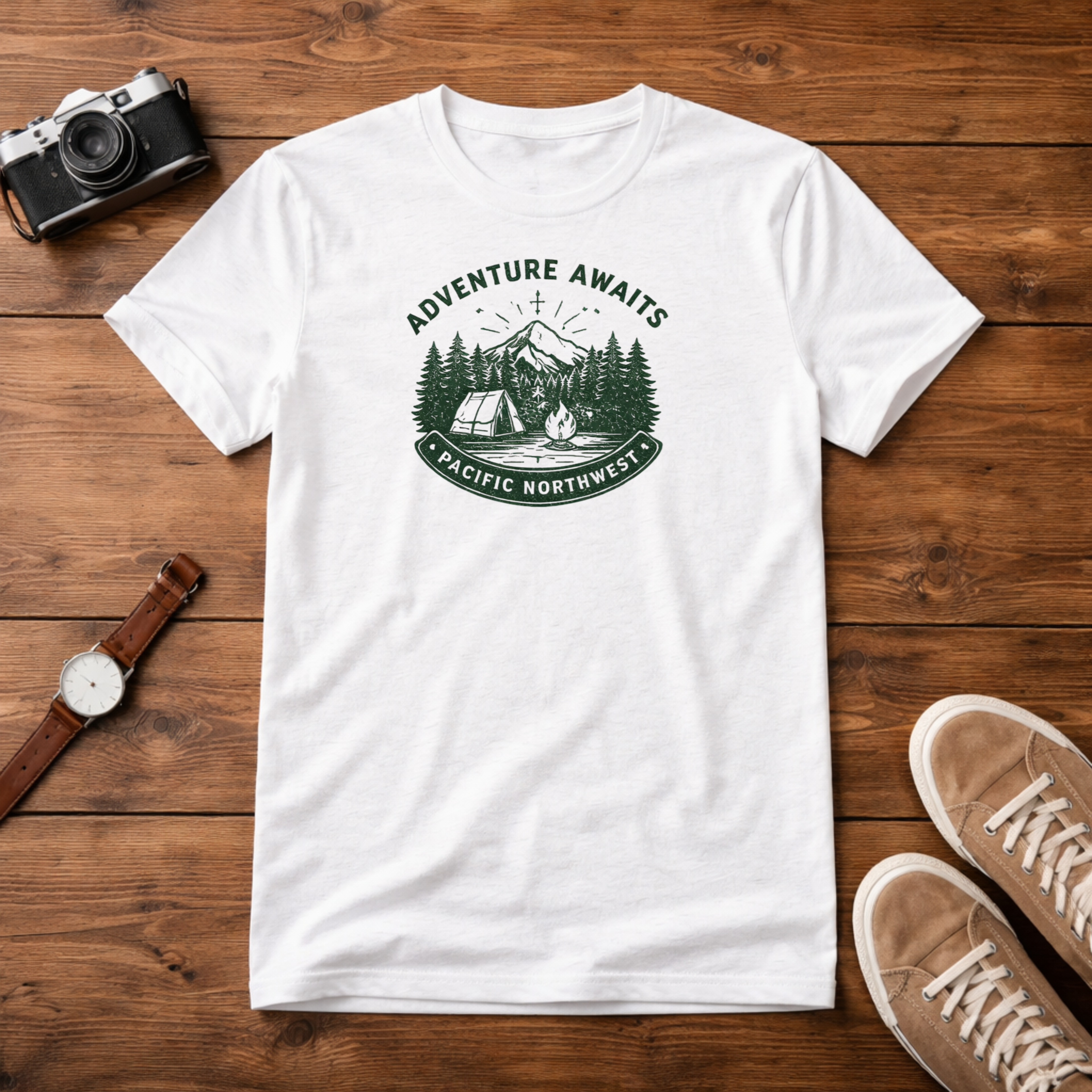 Adventure Awaits Pacific Northwest T-Shirt | Camping Mountain Badge